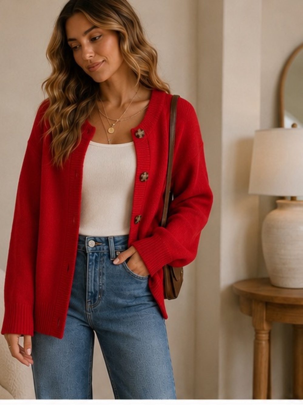 Red Button Front Knit Cardigan Sweater